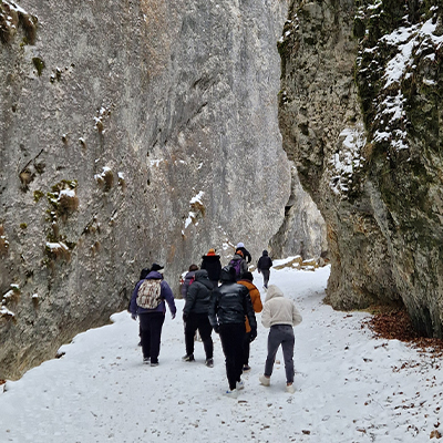 The teenagers walk through the gorge